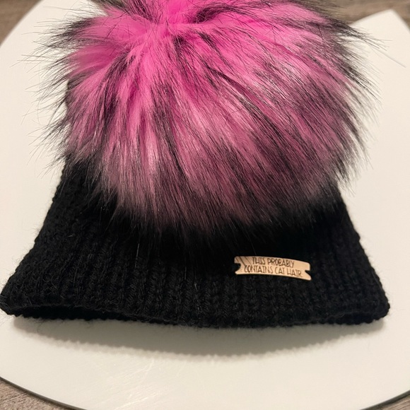 Handmade Neon Pom Pom winter beanie. Cat lady ‘Probably contains cat hair’ hat. - Picture 5 of 6